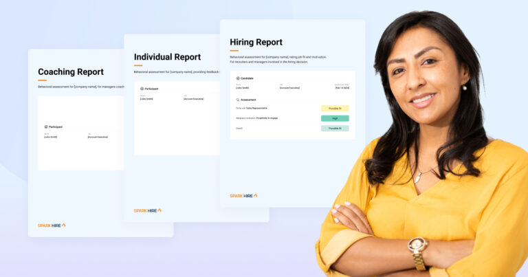 Hiring manager next to Spark Hire's three types of assessment reports